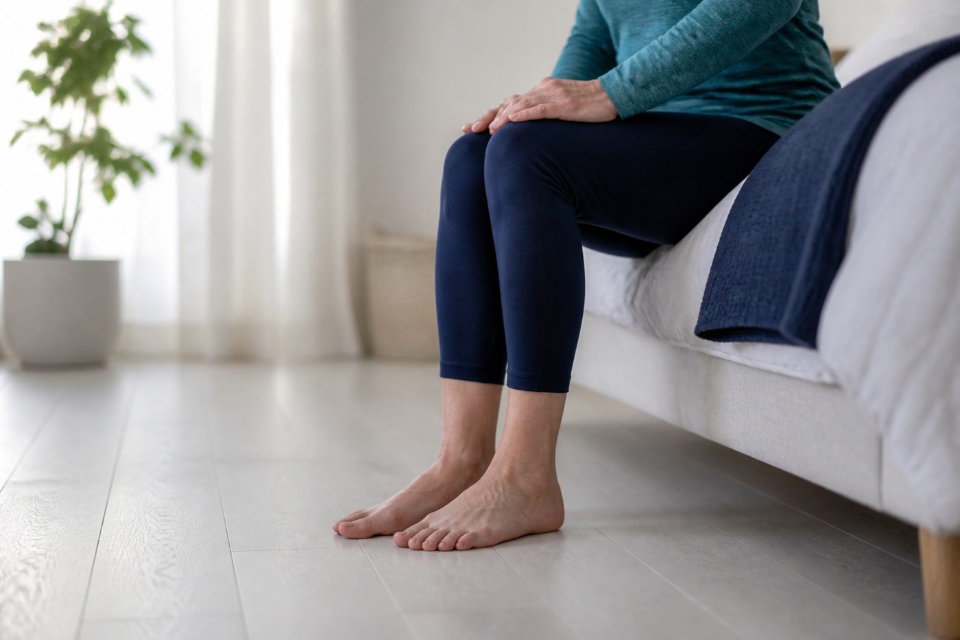 Sitting on the edge of a bed, bare feet on the floor in morning light