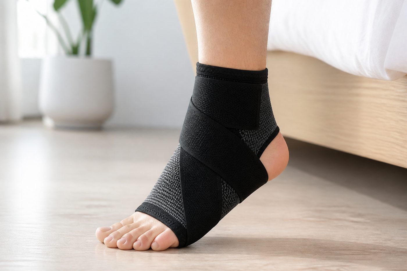Foot wearing an Archwell sleeve stepping onto a bedroom floor
