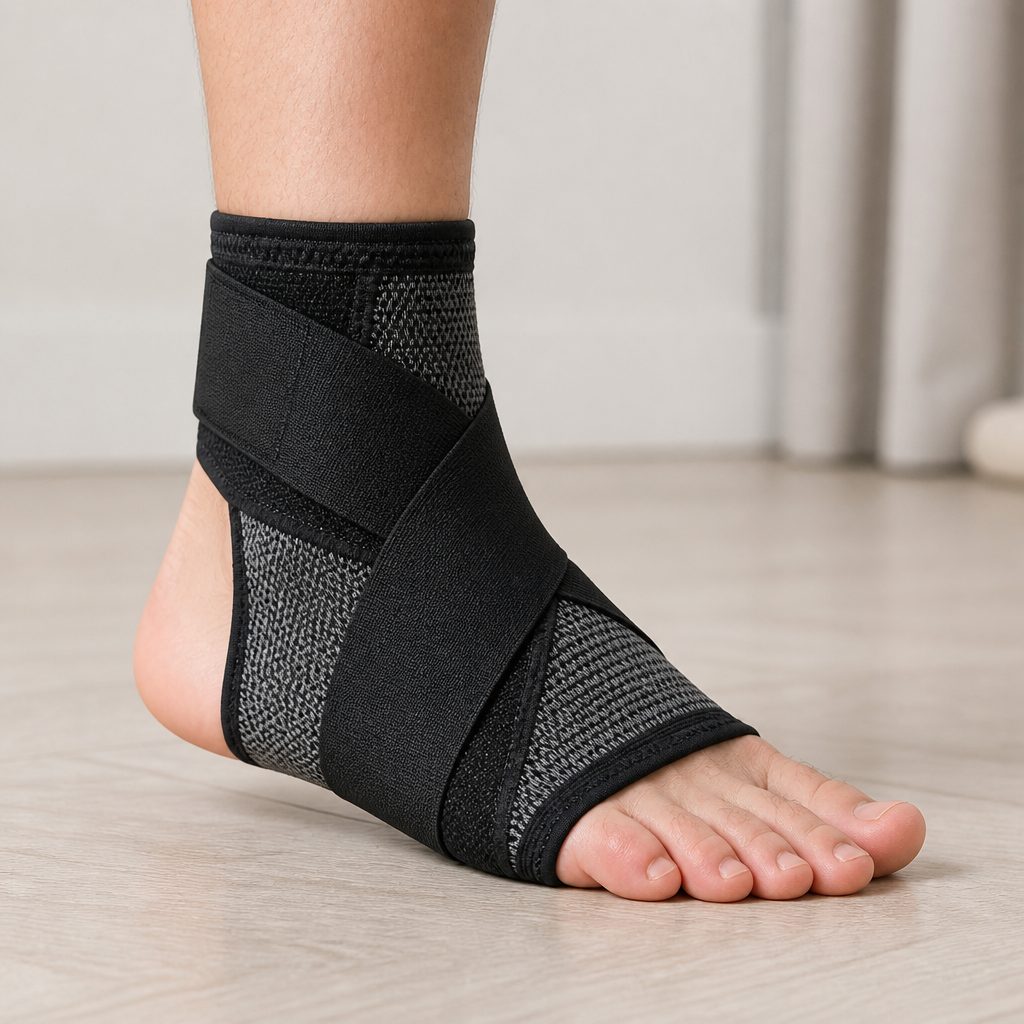 Charcoal compression foot sleeve with teal arch banding worn on a bare foot