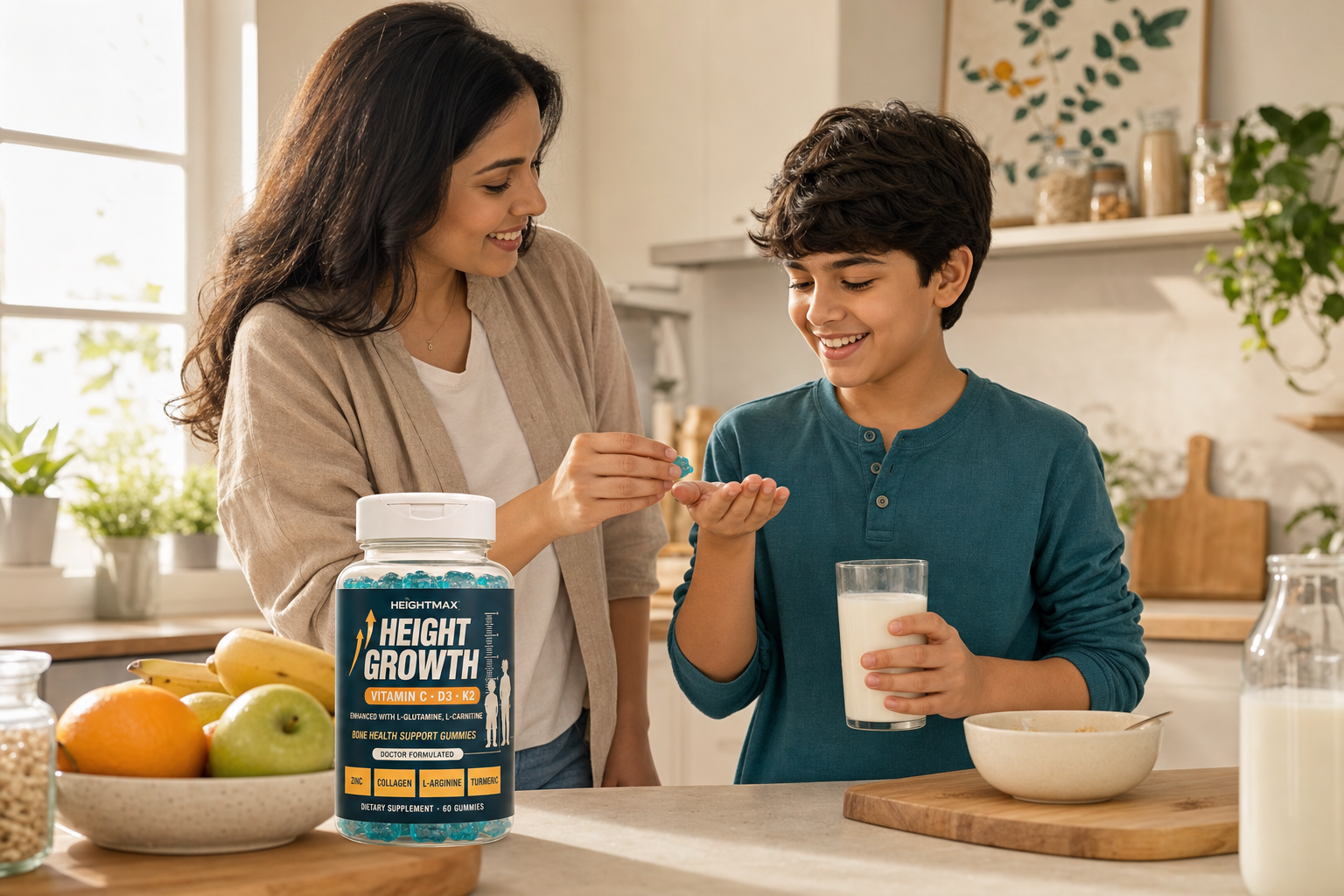 A mother giving her son the HeightMax gummy